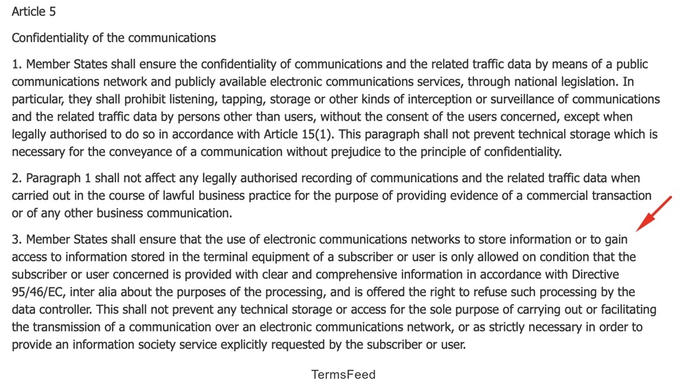 Extract from ePrivacy Directive's Article 5(3), discussing the need for user consent and information access