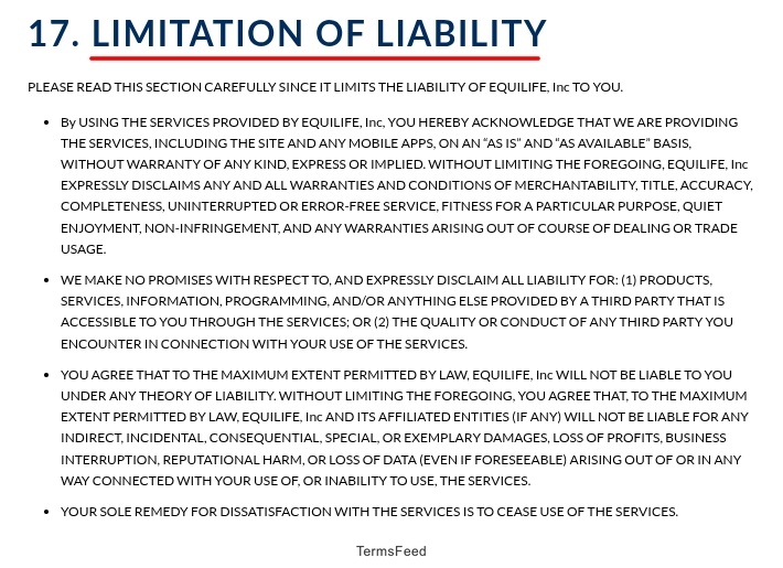 Equilife Terms - Limitation of liability clause