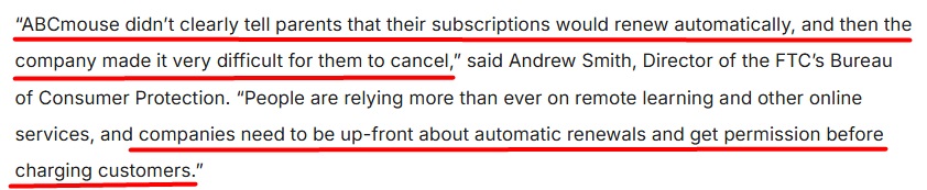 FTC's official comments on ABCmouse's violation through dark patterns