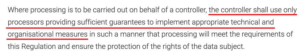 Excerpt from GDPR Article 28 detailing security protection requirements for third-party data processors