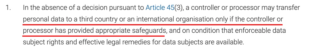 An excerpt from Article 46 of the GDPR focusing on the conditions for data transfer and implementation of appropriate safeguards
