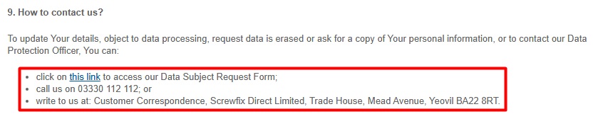 An example of a GDPR-compliant privacy policy with versatile contact points for data requests from Screwfix