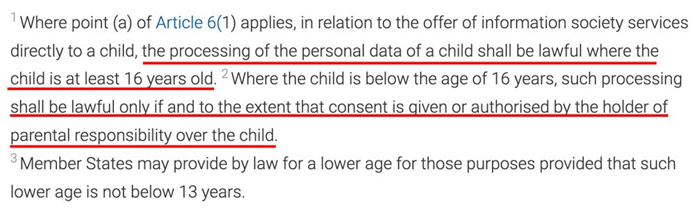Screenshot from GDPR guidelines indicating the legal age for data collection and processing