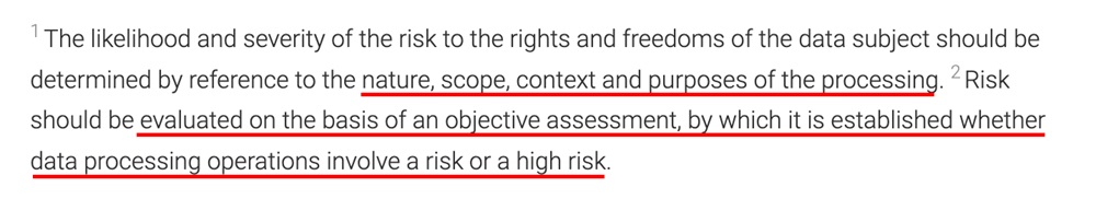 Snapshot from GDPR Recital 76, explaining the need for objective risk assessment