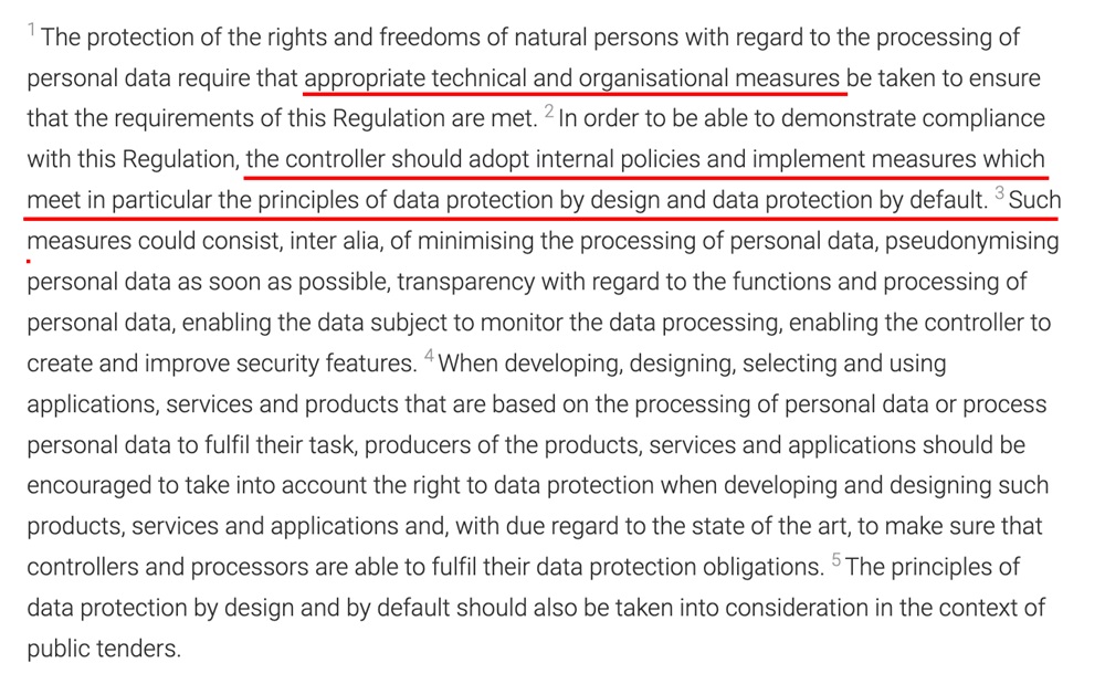 Excerpt from GDPR Recital 78, emphasizing the need for data protection by design and default