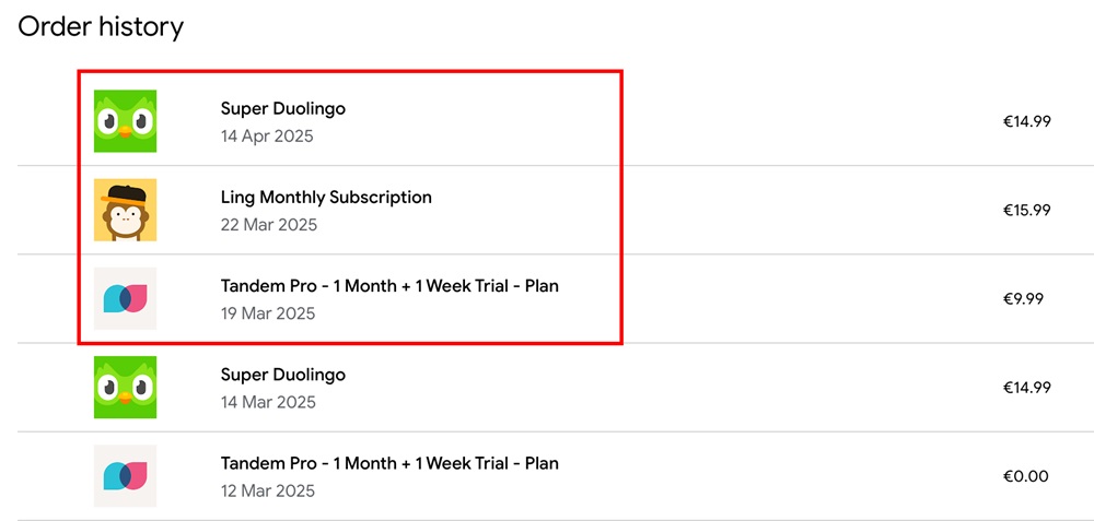 Google Play order history screen showing app purchases used to infer user interests