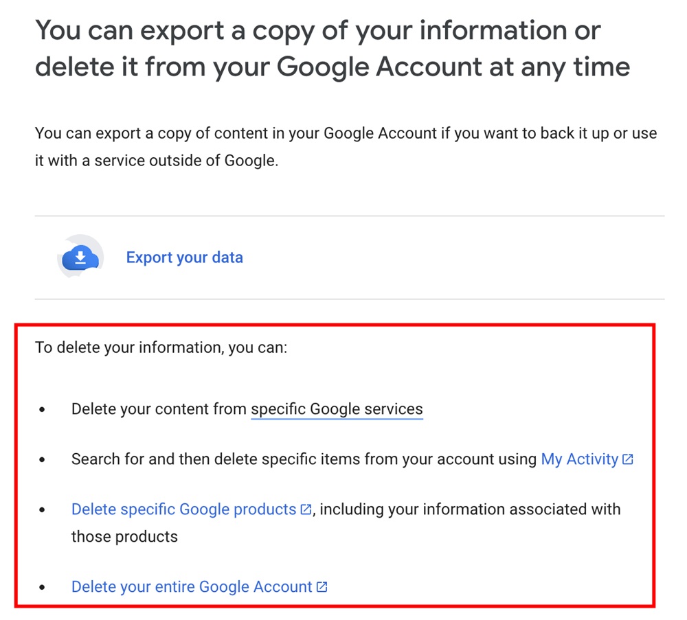 Google privacy policy page showing options for users to manage or delete personal data
