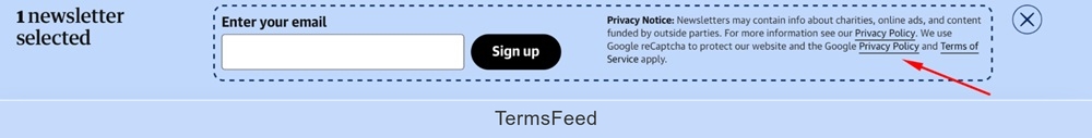 Guardian newsletter signup form highlighting a linked Privacy Notice detailing possible newsletter content
