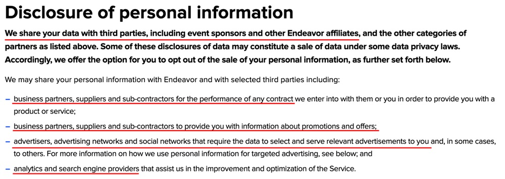 IMG privacy policy describing how user data is shared with business partners and advertisers