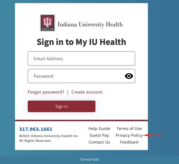 Indiana University Health's account sign-in page featuring a link to the Privacy Policy