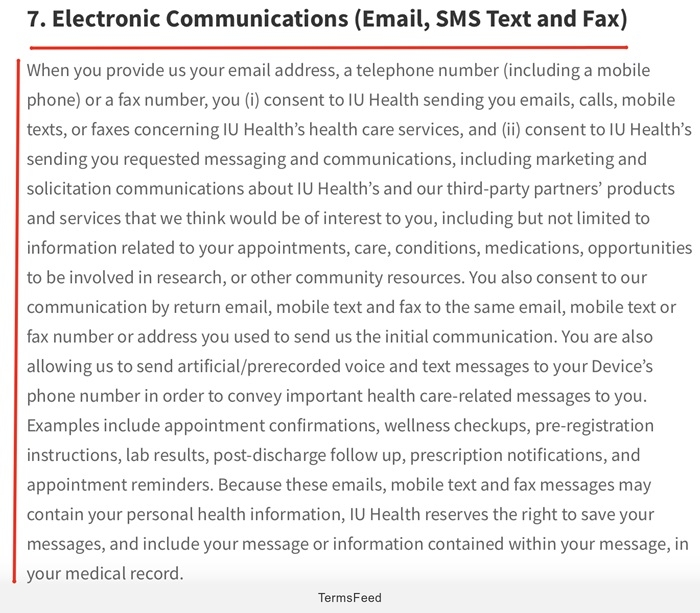 Additional content from Indiana University Health highlighting consent for communication via submitted contact details
