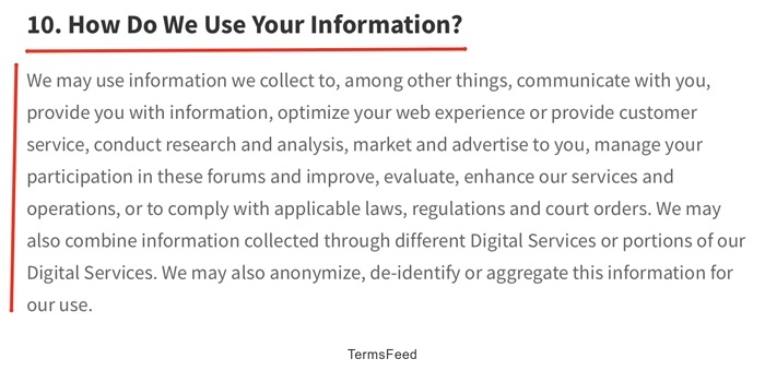 Extract from Indiana University Health's digital privacy notice highlighting how collected data is used