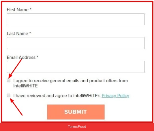 Intelliwhite form with consent checkboxes highlighted