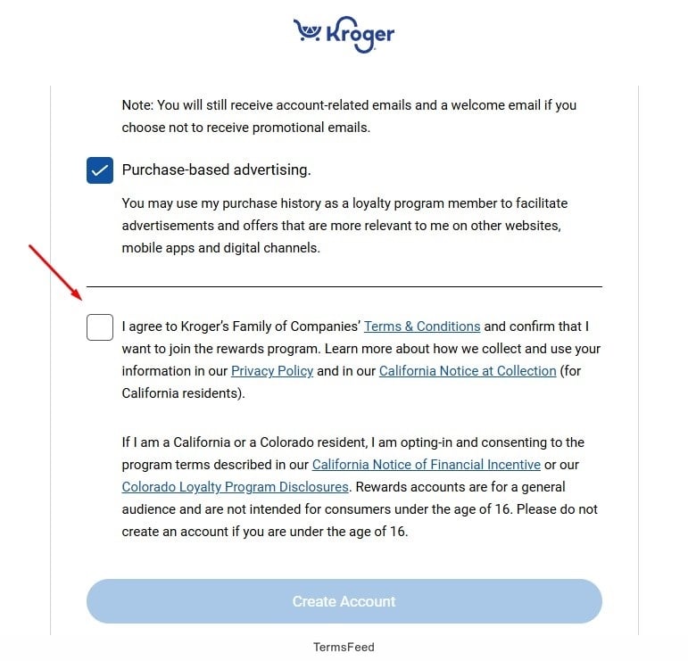 Screenshot of Kroger's account sign-up form with checkbox to indicate agreement to its terms and conditions