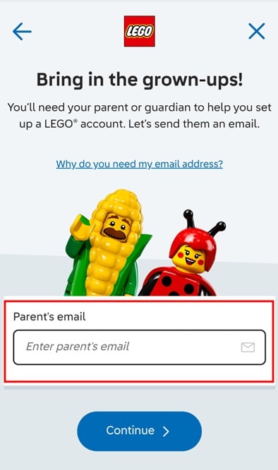 Image showing LEGO Builder app's parental email consent requirement