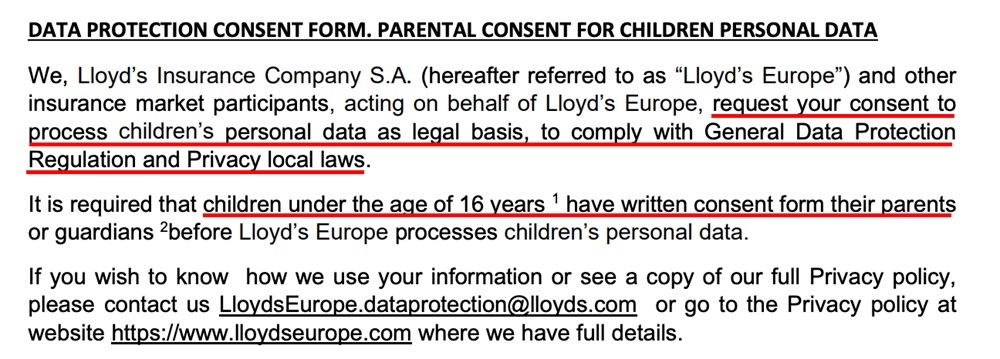 Lloyd's Insurance Company - Data Protection Consent Form - Parental consent for childeren personal data - introduction