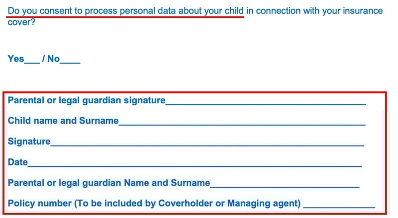 Image of a Parental consent form by Lloyd's Insurance Company for minors' data processing