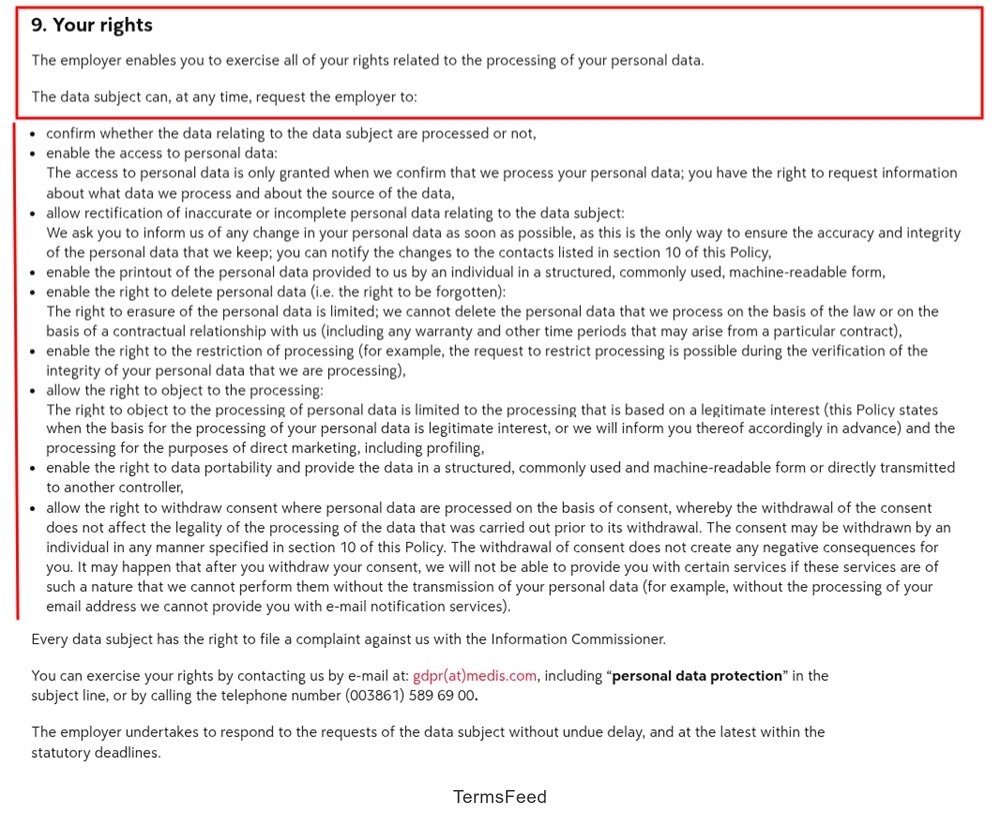 Medis HR Privacy Policy - GDPR rights clause