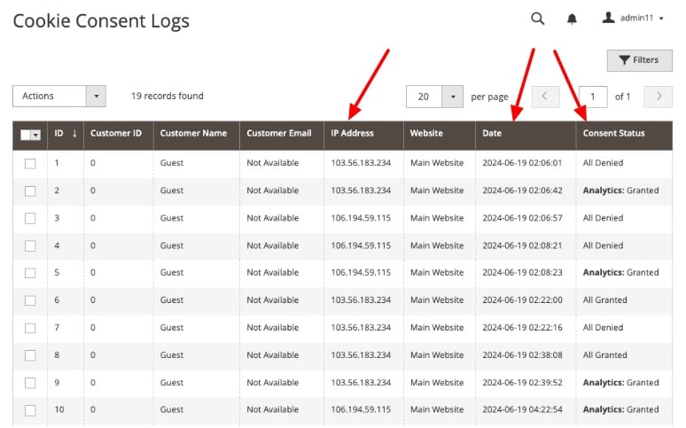 Meetanshi cookie consent log screenshot