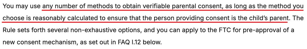 Screenshot showing methods of obtaining verifiable consent according to COPPA guidelines