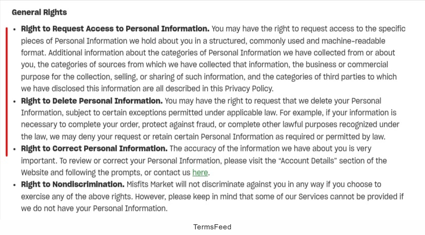 Misfits Market Privacy Policy - General Rights clause excerpt