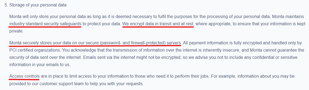 Monta privacy policy describing data security practices