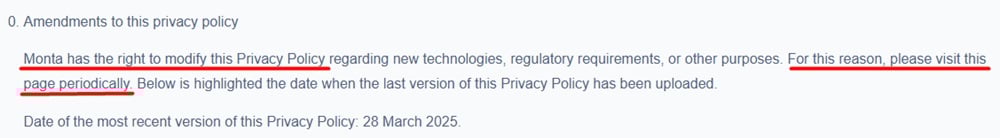 Monta privacy policy explaining updates to users example