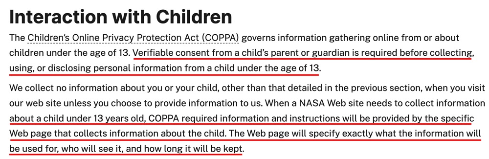 Image from NASA's Privacy Policy indicating their data collection practices for children