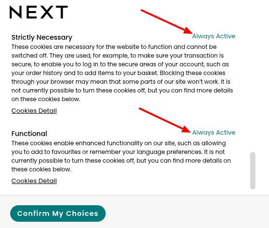 Next UK cookie consent banner - Manage Preferences form - Always active cookies excerpt