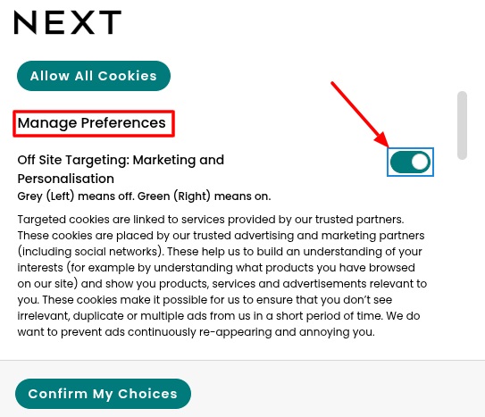 Next UK cookie consent banner - Manage Preferences form excerpt