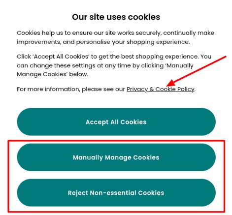 Next UK cookie consent banner with Privacy and Cookie Policy link highlighted