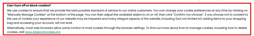 Next UK Privacy and Cookie Policy: Turn off or block cookies clause