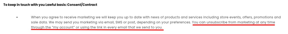 Next UK Privacy and Cookie Policy - Unsubscribe clause