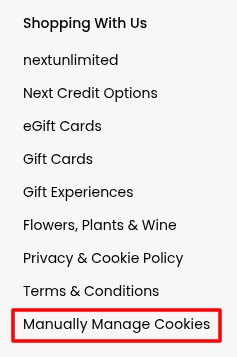 Next UK website footer with Manually manage cookies link highlighted