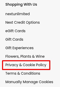 Next UK website footer with Privacy and Cookie Policy link highlighted