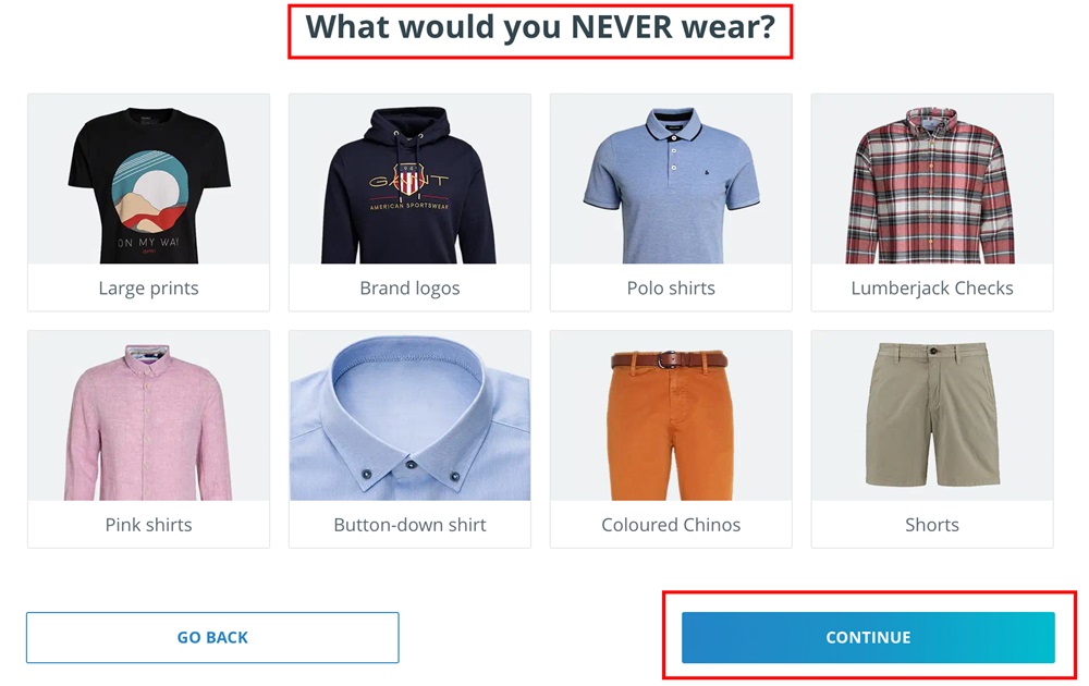 Outfittery quiz interface collecting customer clothing preferences for personalized shopping experience