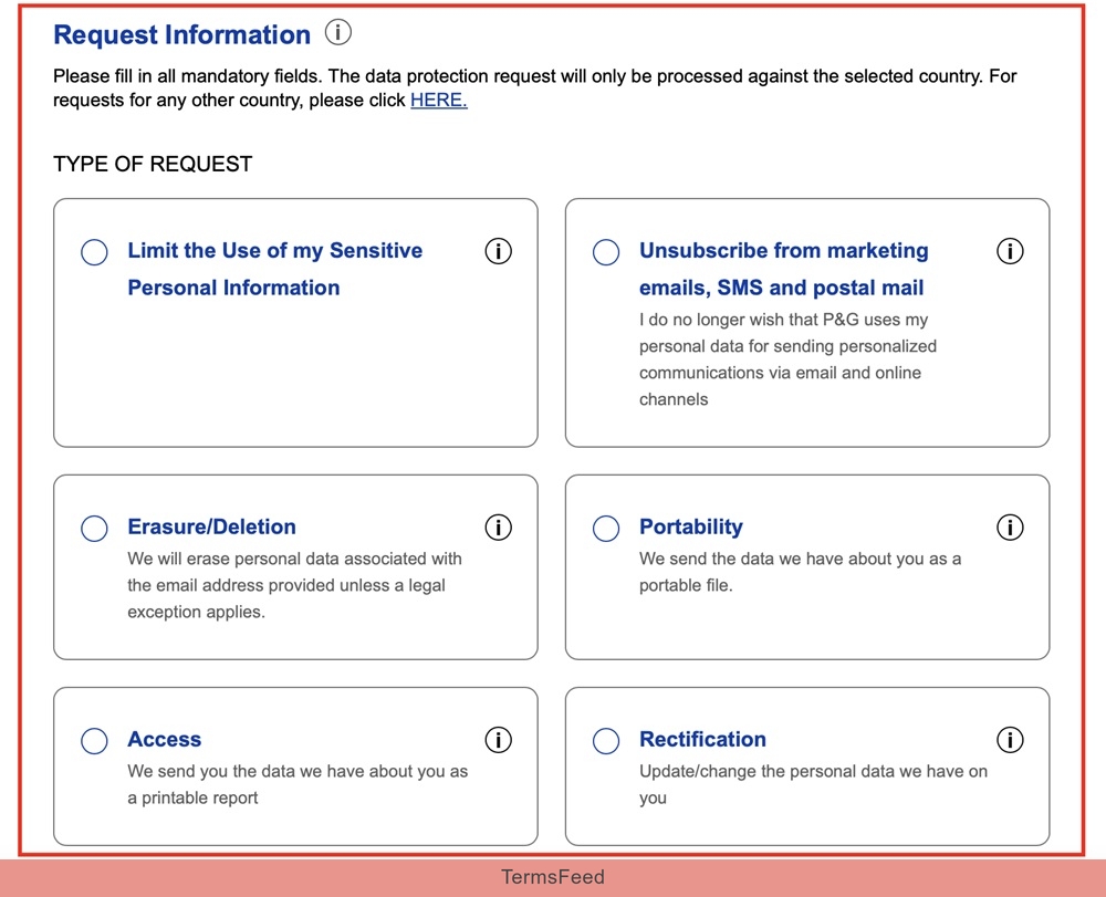 P and G's preference center page enabling users to request limitations on sensitive personal information use