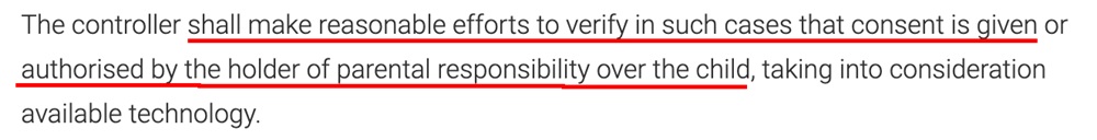Screenshot from GDPR regulations regarding parental consent for data processing
