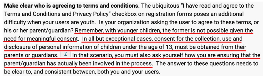 Screenshot of PIPEDA guidelines for collection of children's personal data