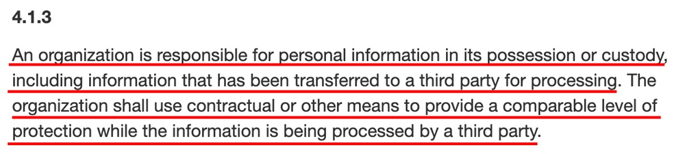 Part of PIPEDA Principle 1, Accountability, section 4.1.3, highlighting the responsibility organizations have over personal information