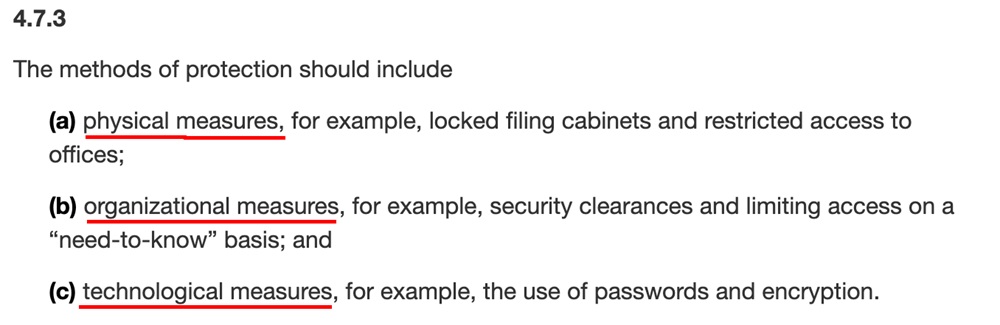 Snippet from PIPEDA section 4.7.3 detailing the methods of data protection