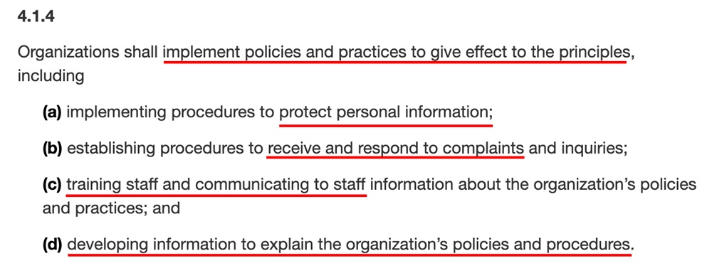 Excerpt from PIPEDA section 4.1.4, underlining the necessity of implementing policies and practices to ensure data protection