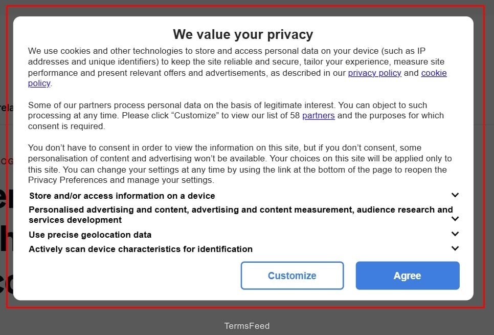 Screenshot of a cookie consent banner from Politico's website