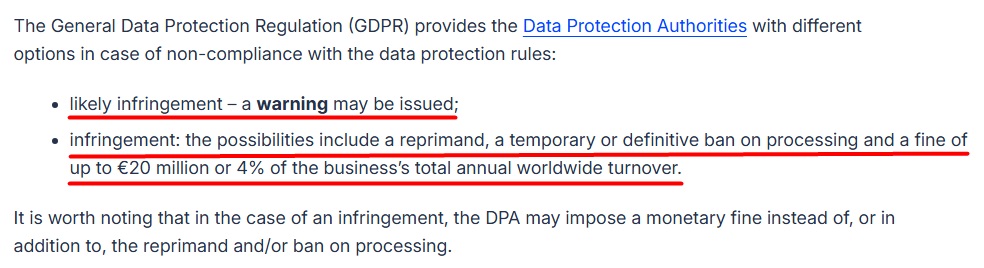 Potential legal consequences for not complying with user data protection rules as outlined by the European Commission