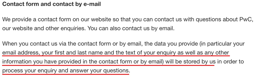 PWC privacy disclosure on collecting additional data during service requests by users