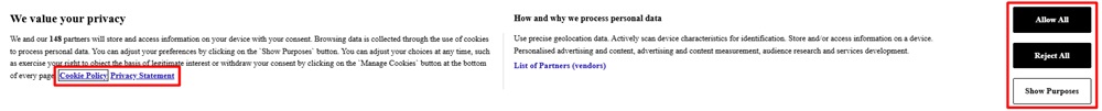 Screenshot of Reuters' balanced cookie consent notice