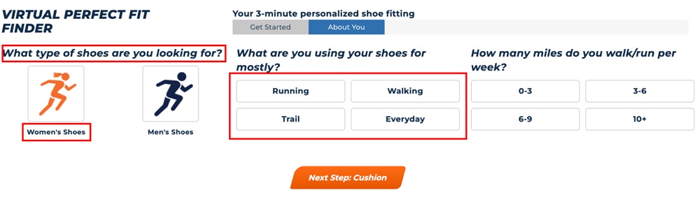 Road Runner Sports shoe finder tool gathering customer input to suggest best-fitting shoes