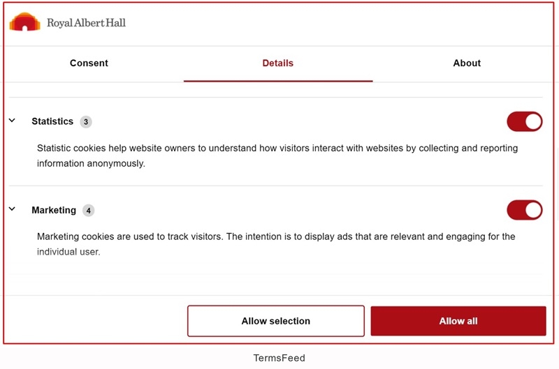 Retrieved from Royal Albert Hall's website's customize cookies button, showing choices of cookies to enable or disable