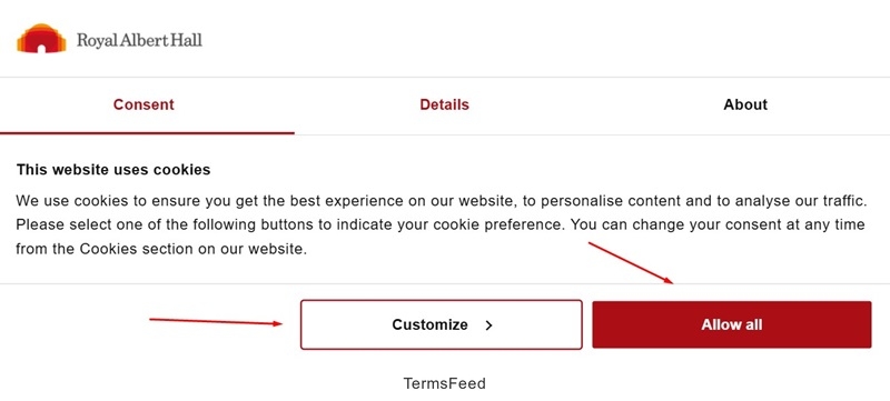 Pop-up on Royal Albert Hall's website explaining reasons for cookie use