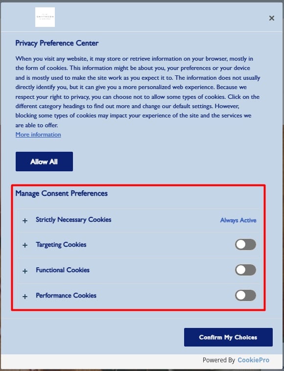 Privacy Preference Center of Smythson's website exhibiting equal weightage to opt-in and opt-out